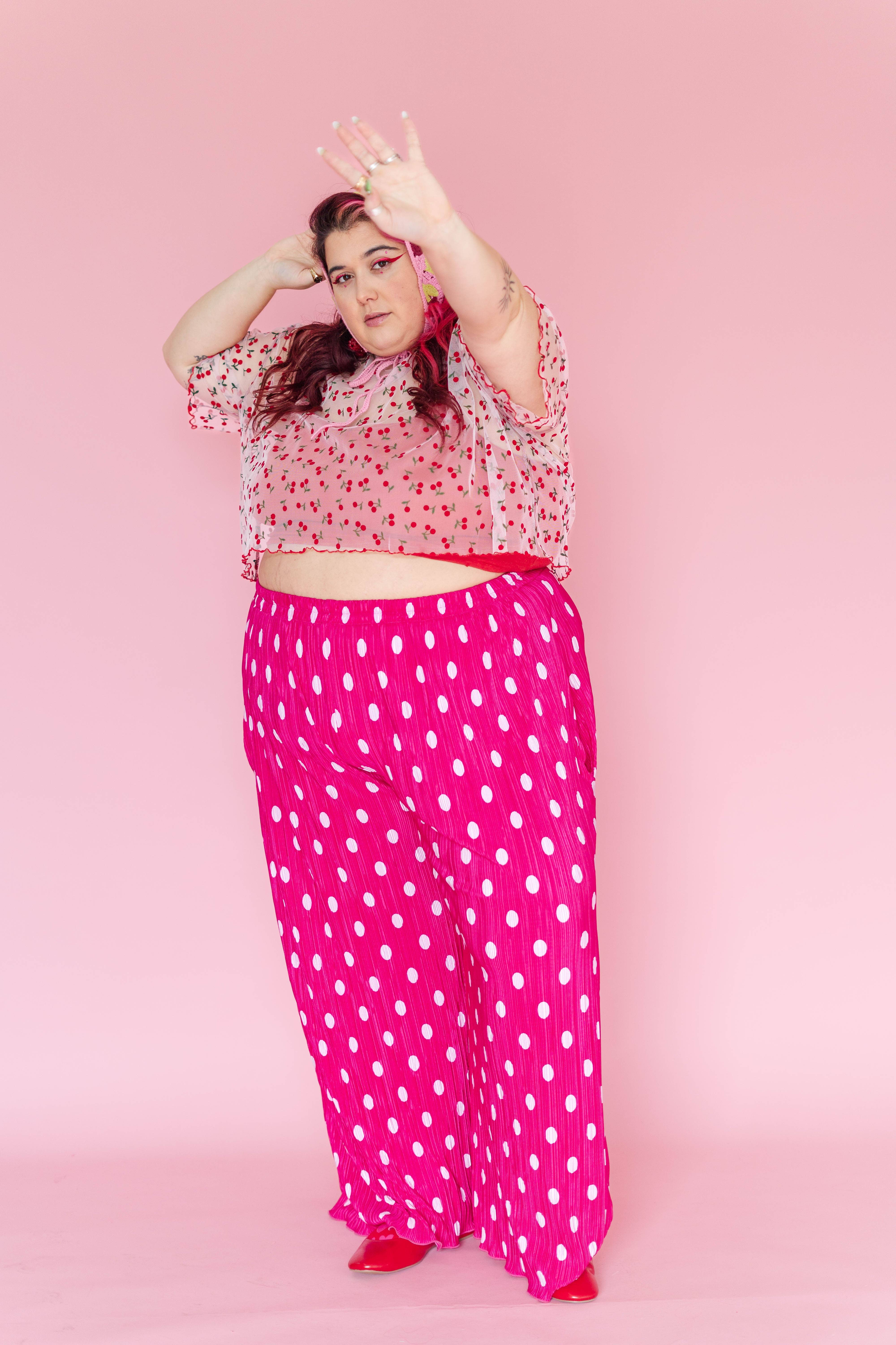 Nettle Studios - Wholesale Pants - Women's - Size Inclusive Hot Pink & White Polka Dot Pleated Flare Pant29