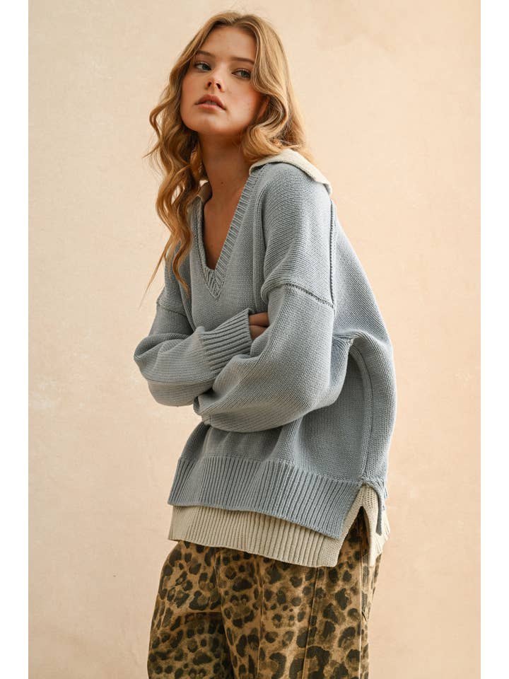 MIOU MUSE - Wholesale Knit Sweater - Women's - T5147 COLOR COMBO V-NECK SWEATER TOP1