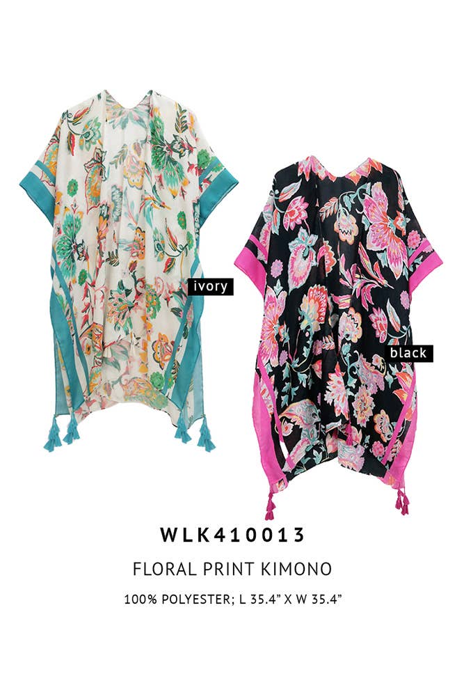 Hana - Wholesale Kimono - Women's - Floral Print Stripe Edge Tassel Summer Kimono10