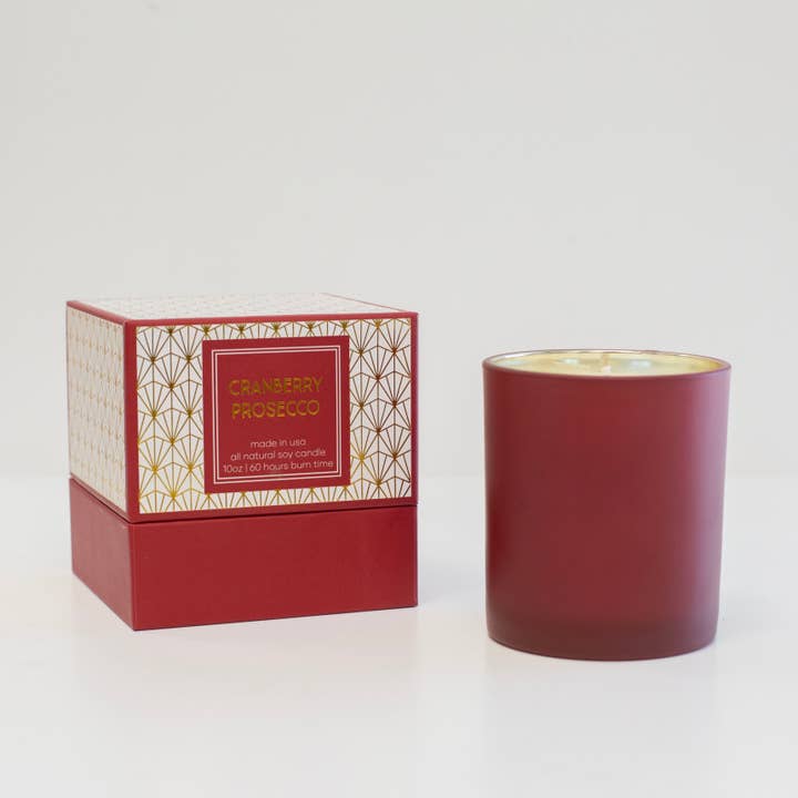 Mod Lounge Paper Company - Wholesale Jar/Filled Candle - Red Cranberry Prosecco Gold Foil Boxed Holiday Candle1