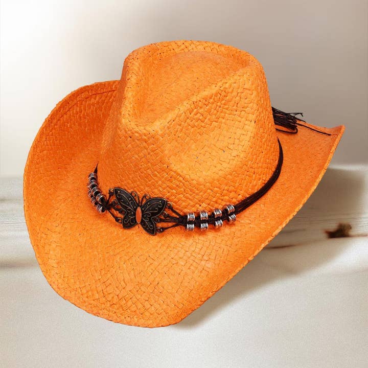 Sensibling Corp. - Wholesale Cowboy Hat - Women's - Western Butterfly Faux Leather Band Straw Cowboy Fedora Hat
