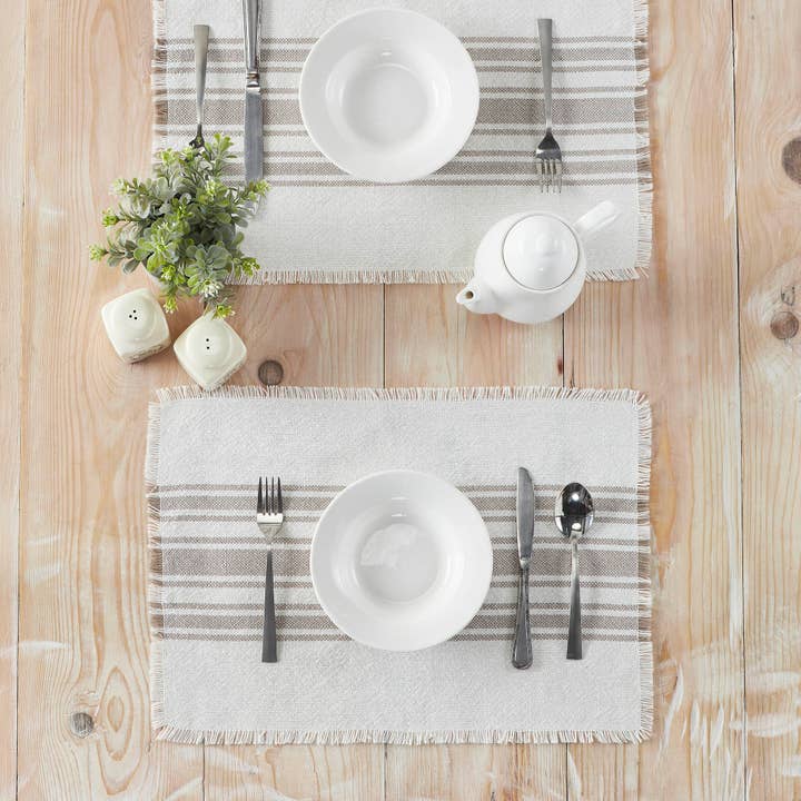 VHC Brands - Wholesale Placemat - Antique White Stripe Dove Grey Indoor/Outdoor Placemat Set of 6 13x19