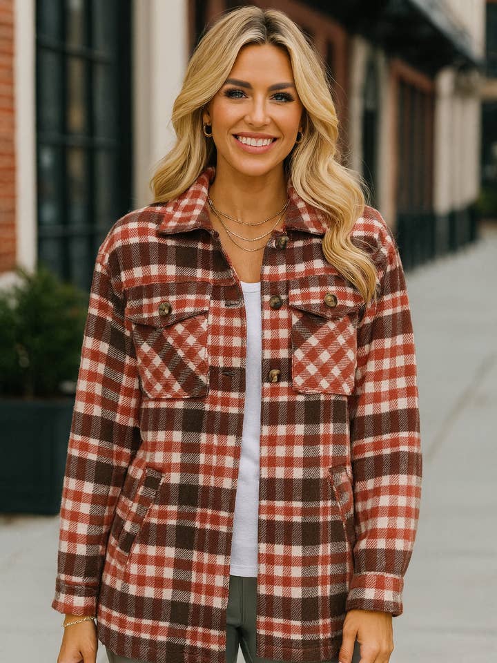 LTX Sportswear - Wholesale Shirt Jacket/Shacket - Women's - 80012 Rust Red Brown Plaid Sherpa-Lined Jacket0