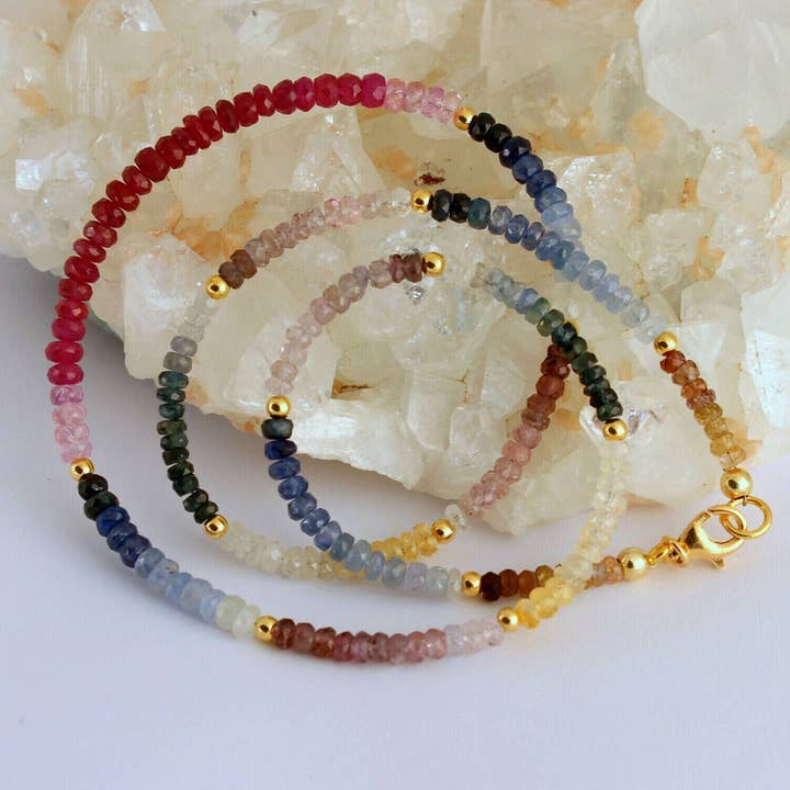 Edle Saphir Kette Edelsteinkette Mehrfarbig 1A Qualität facettiert Collier 51 cm für den Großhandel von BKGEMS