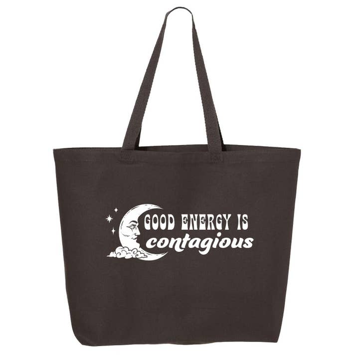 Good Energy Moon | Hippie Vibes Cosmic Cotton Tote Bag for wholesale by Suzy Swede