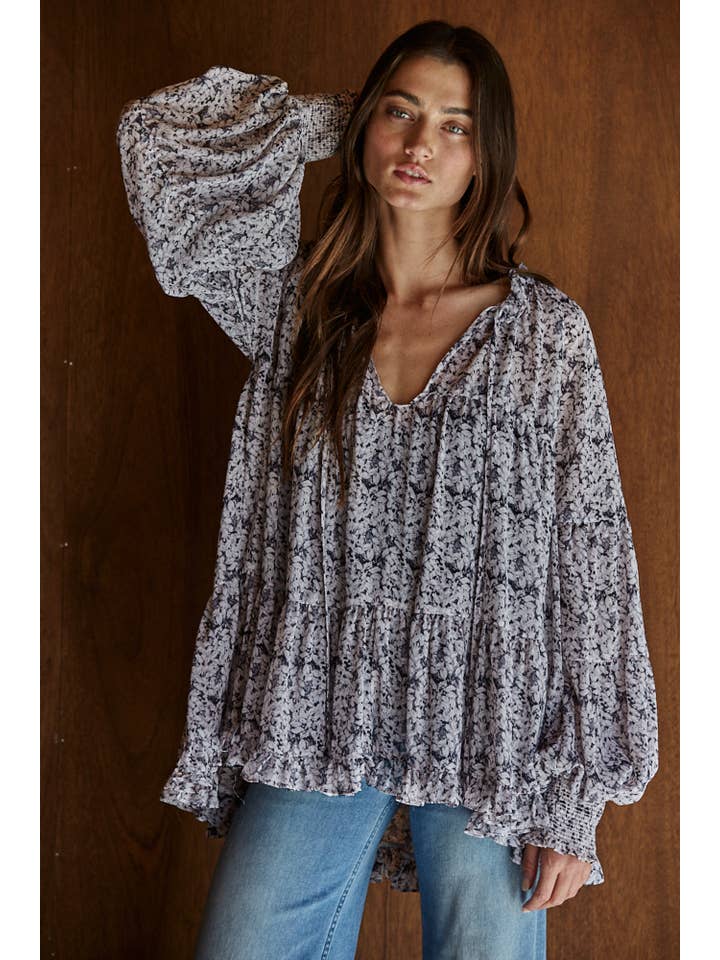 Navy L5746 | Woven Polyester Floral Print Ruffle V-Neck Top for wholesale on Faire