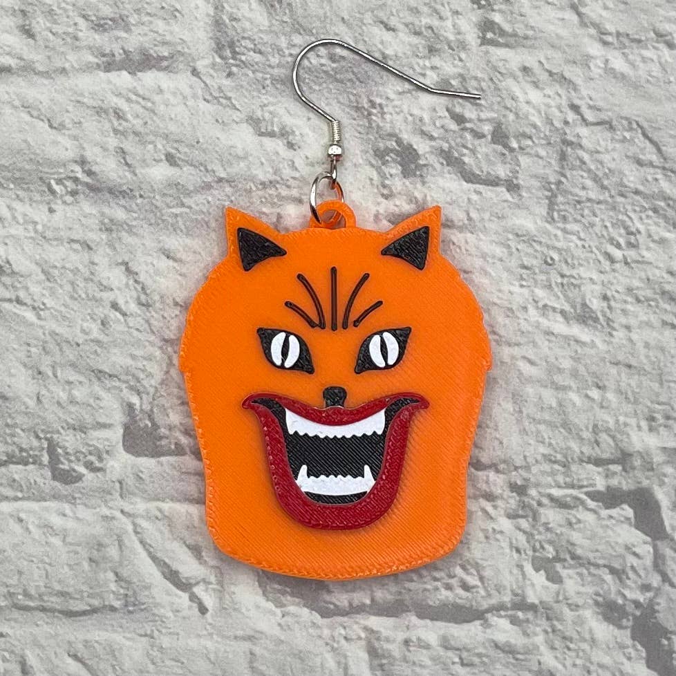 Cryptid Craft Studio - Wholesale Dangle Earrings - Hausu Orange Cat Horror Statement Earrings 3D Printed1