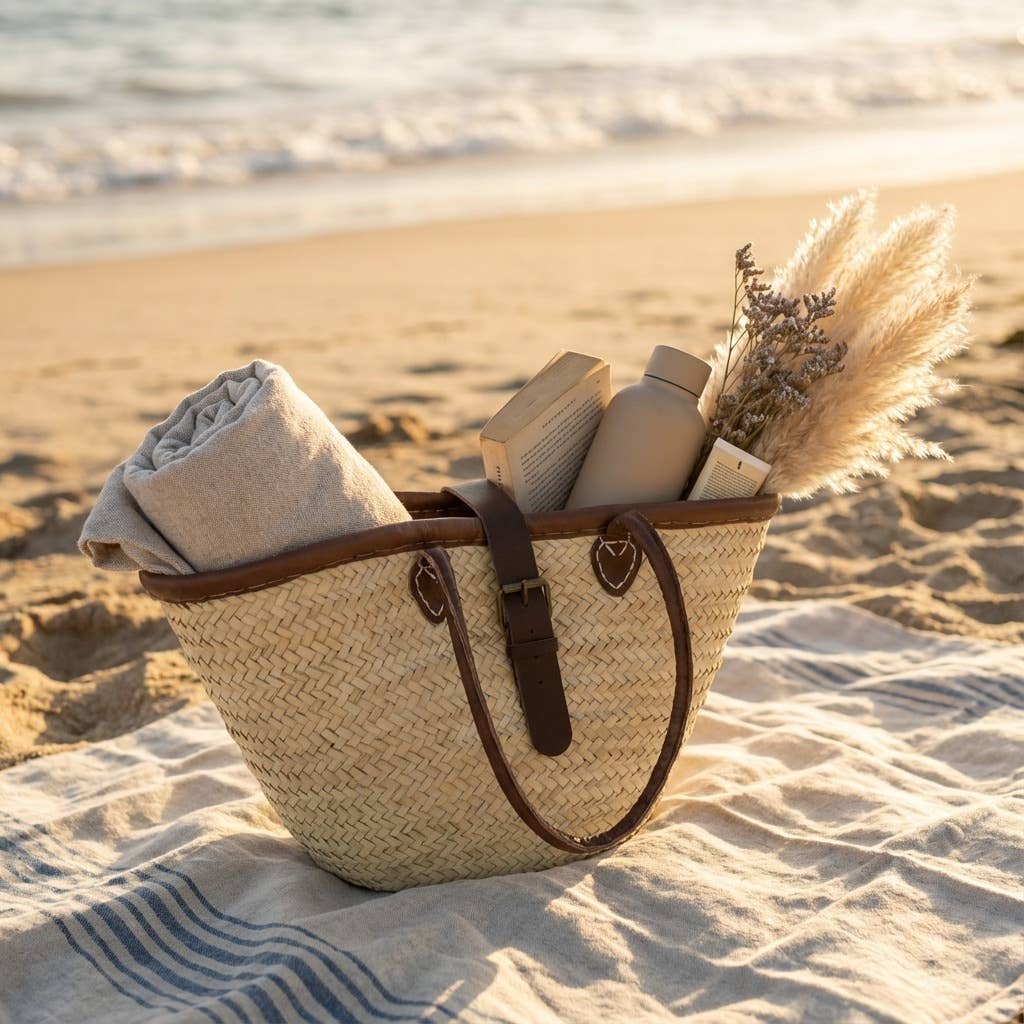 Melecraft – Großhandel Strandtaschen – Französischer Marktkorb mit Leder, Korb mit Zierschnalle4