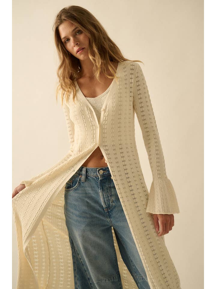 Promesa USA – Engroshandel Cardigan - Dame – Pointelle ribstrikket cardigan med trompetærmer15