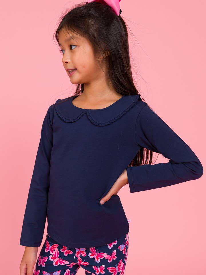 Girls Dark Navy Ruffle Peter Pan Collar Long Sleeve Knit Top
for wholesale by RuffleButts + RuggedButts