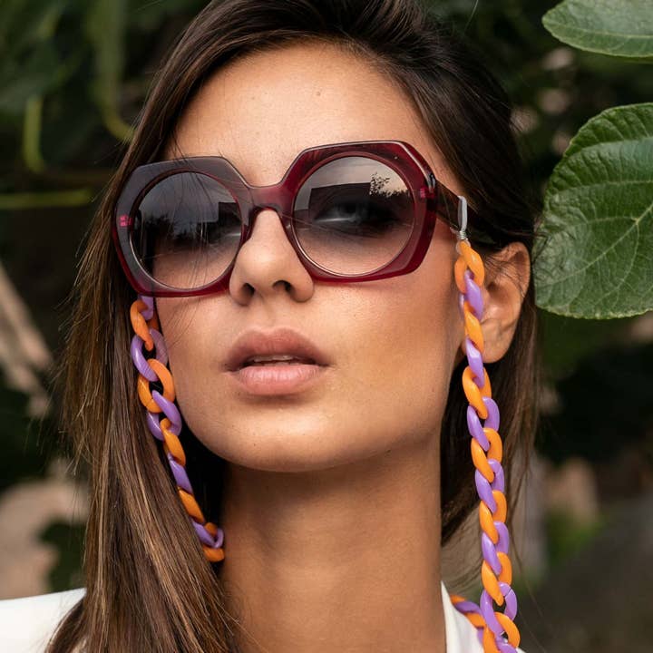 Lunettes en acrylique épais lilas et orange, chaîne de lunettes, acétate pour la vente par Kodes