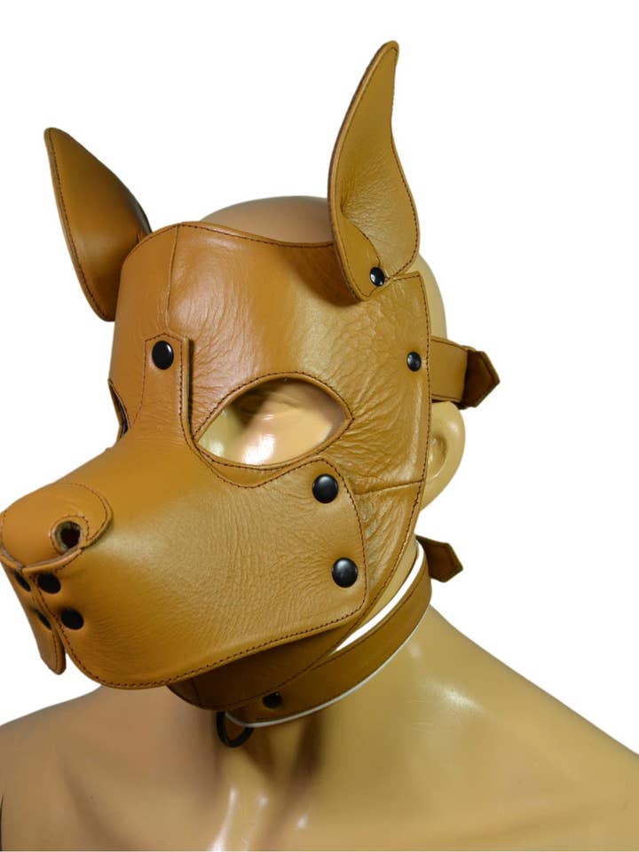 Maschera in pelle da cucciolo con cappuccio, attrezzatura per rievocazioni storiche Maschera da gioco per animali domestici, museruola rimovibile per la vendita all'ingrosso da parte di Meninleather