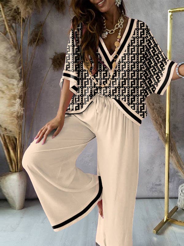 KHAKI Urban Loose Printed V-Neck T-Shirts Tops& Drawstring Wide Leg Pants Suits for wholesale on Faire