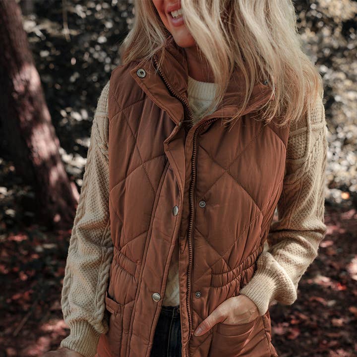 Coffee Longline Quilted Stand Collar Puffer Vest for wholesale by Azzurro