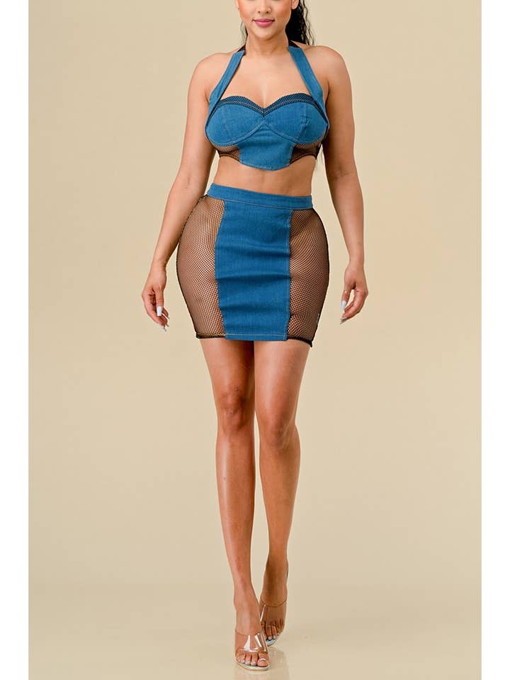 Denim Crop top and skirts set for wholesale by FashionShowcase