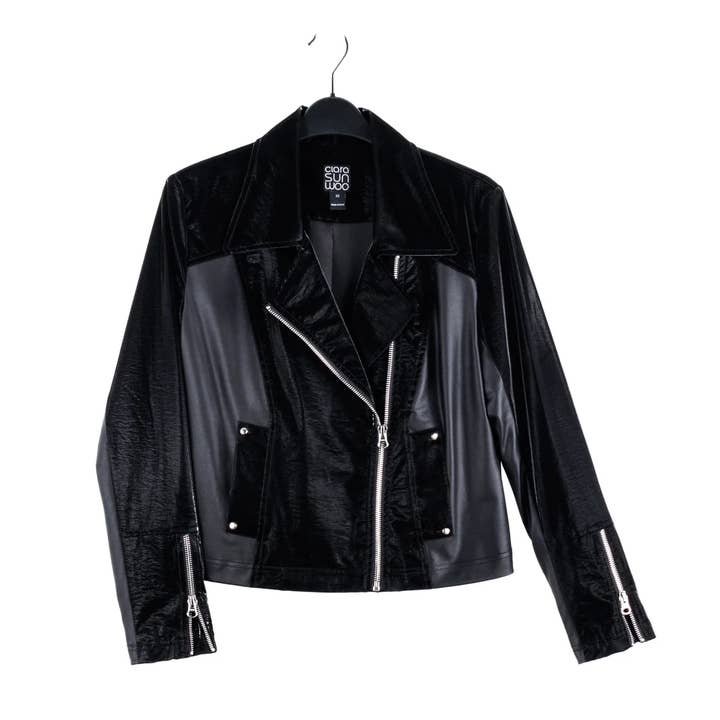 Clara Sunwoo - Wholesale Leather Jacket - Women's - JK225H -Vinyl, Liquid Leather ™ Panel Zip Cuff Pocket Jacket17