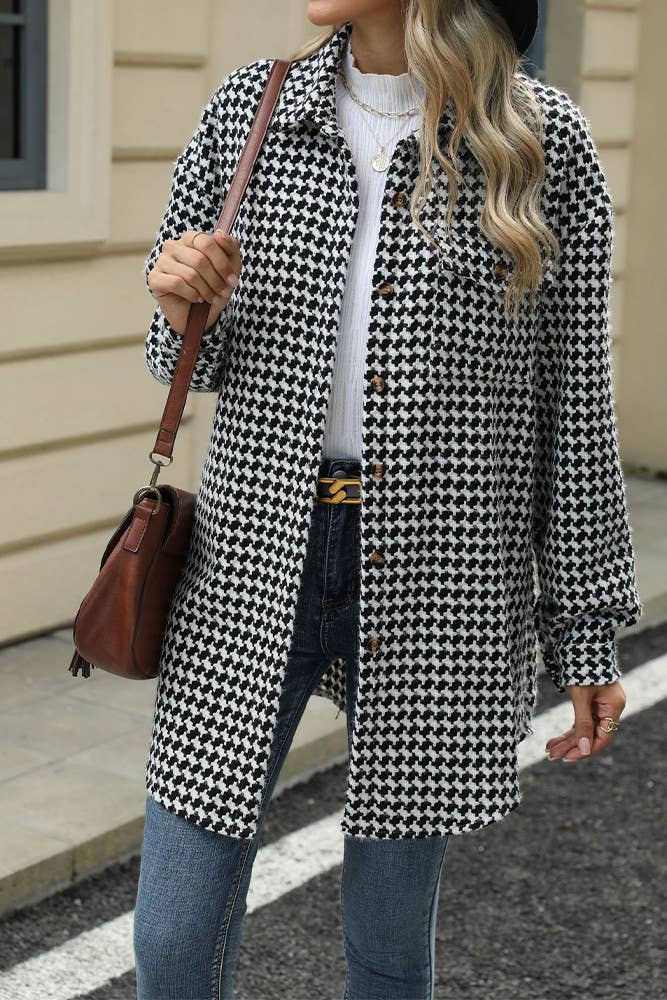 UNISHE – wholesale Coat – Women’s – Plaid Front Open Houndstooth Long Coat WZD07410