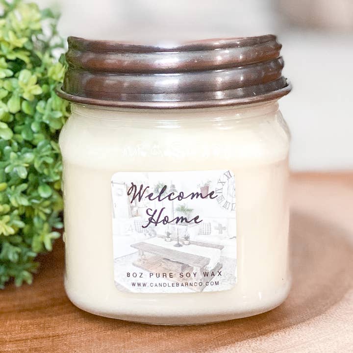 BIENVENUE À LA MAISON | Pot Mason 8 oz | AUTOMNE | Bougie de soja 100% pur pour la vente par Timber Oak Candles