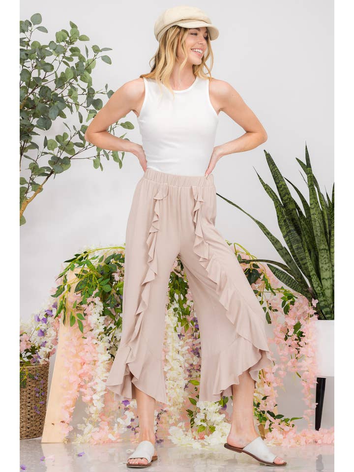 ClickPuff - Wholesale Pants - Women's - Rayon Crape Wide Leg Pants with Ruffle Detail -CP437814