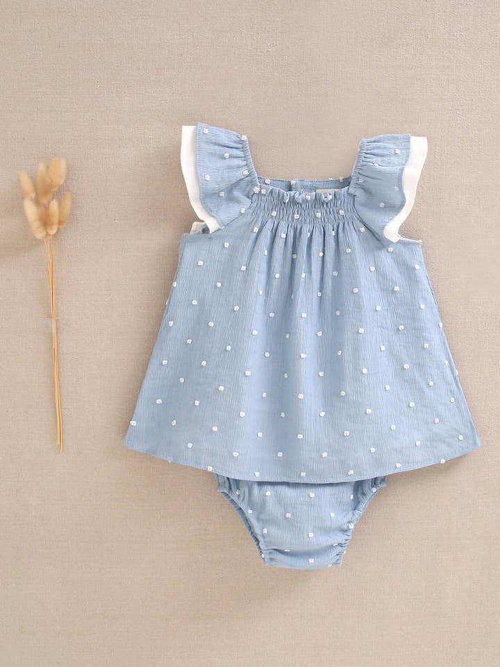 Dadati – wholesale Dress – Baby – Blue plumeti baby dress with white polka dots