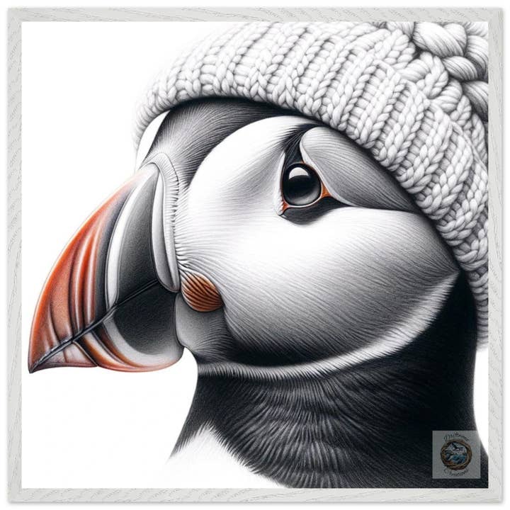 Chaleur de Laine : Macareux avec un Bonnet Tricoté à Terre-Neuve pour la vente par Driftwood Creations