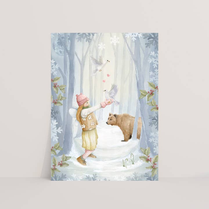 Postcard winter forest pigeons for wholesale by Appeloogje