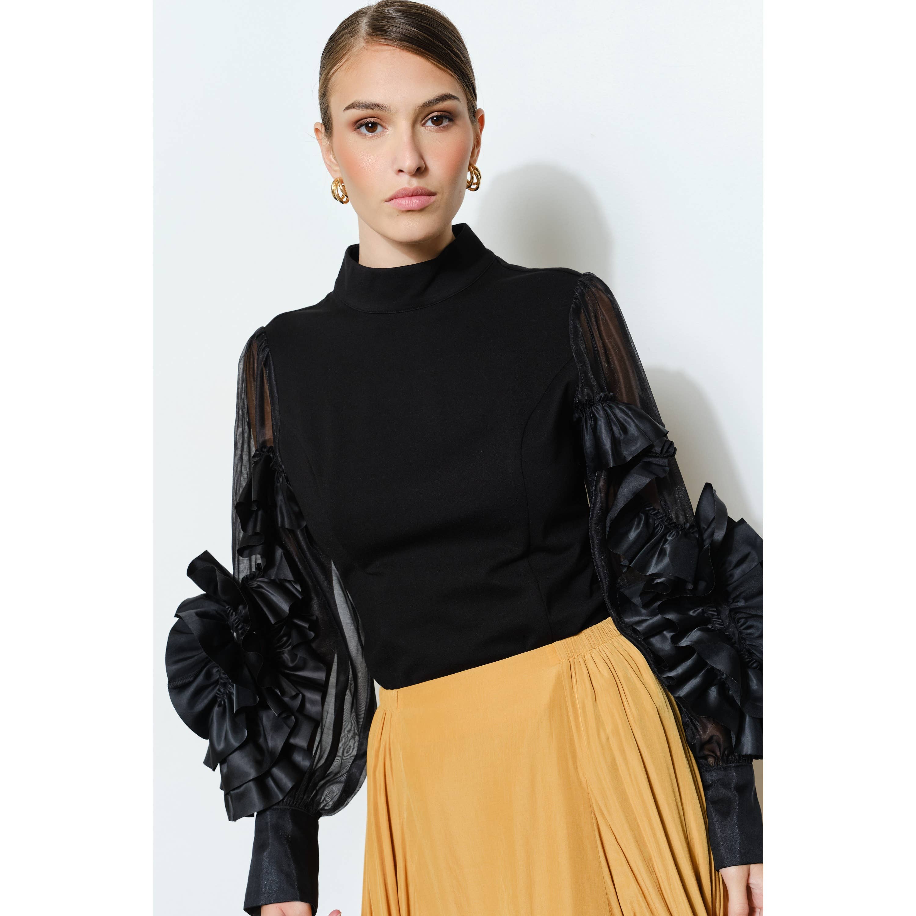 INA - Wholesale Blouse - Women's - Rosette Ruffle Sheer Sleeve Jersey Top3