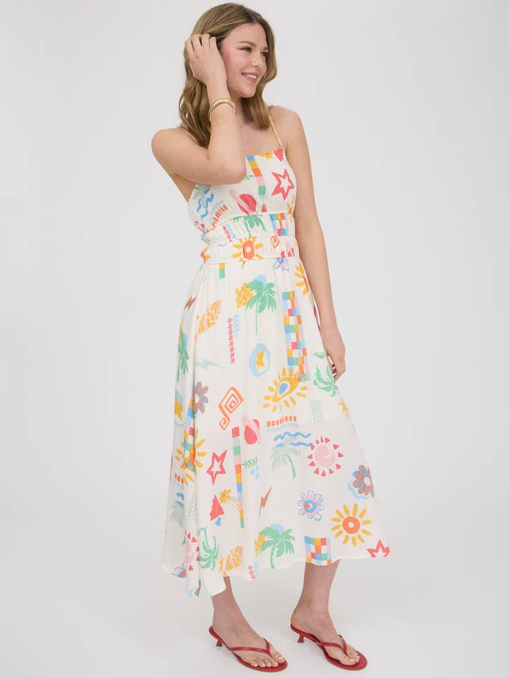 CREAM MULTI SUMMER PRINT SPAGHETTI STRAP MIDI SUNDRESS for wholesale on Faire
