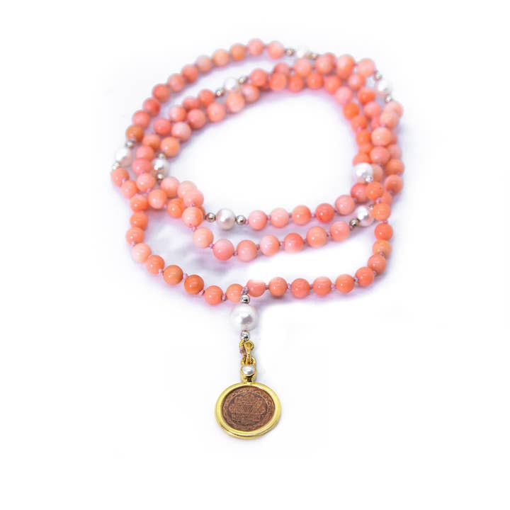 Sri Yantra Japa Mala- Pink Coral & Pearl for wholesale by The sattva collection