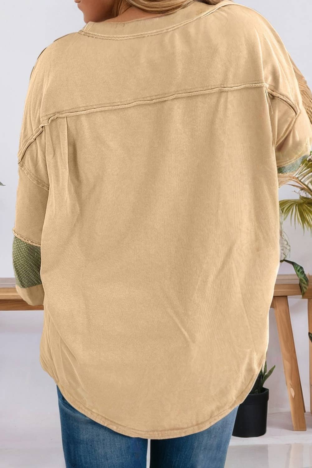 Green Plus Size Exposed Seam Patchwork Drop Shoulder Pullover for wholesale on Faire1