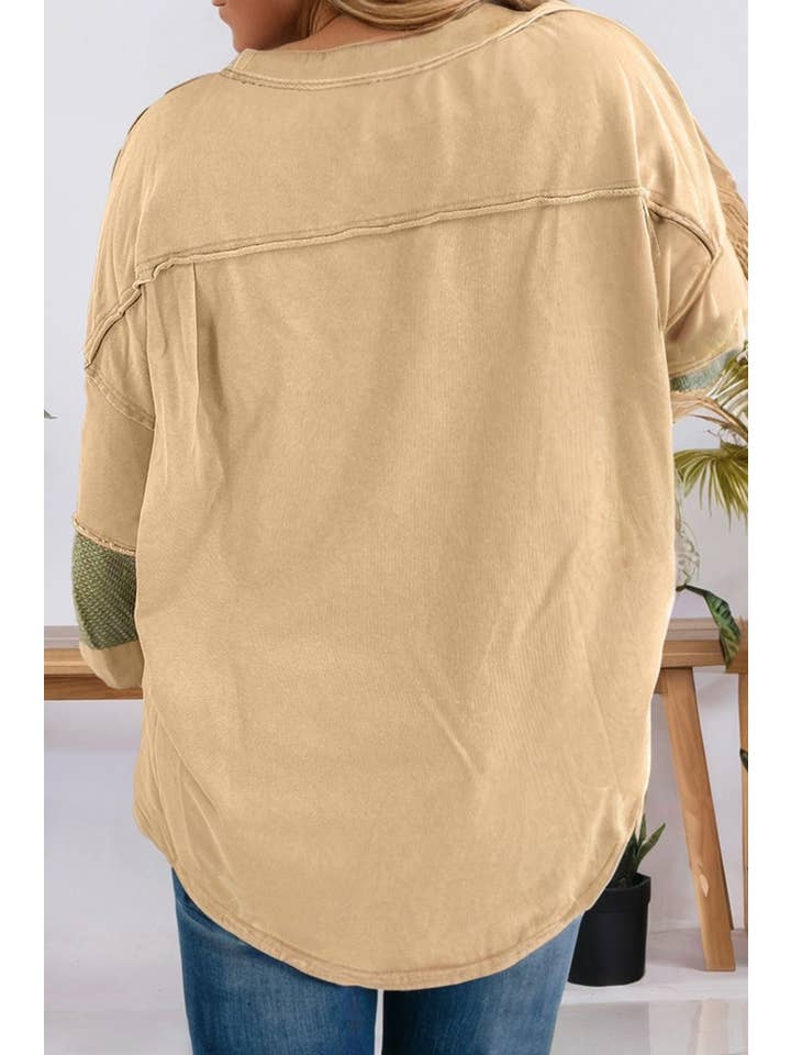 Green Plus Size Exposed Seam Patchwork Drop Shoulder Pullover for wholesale on Faire1