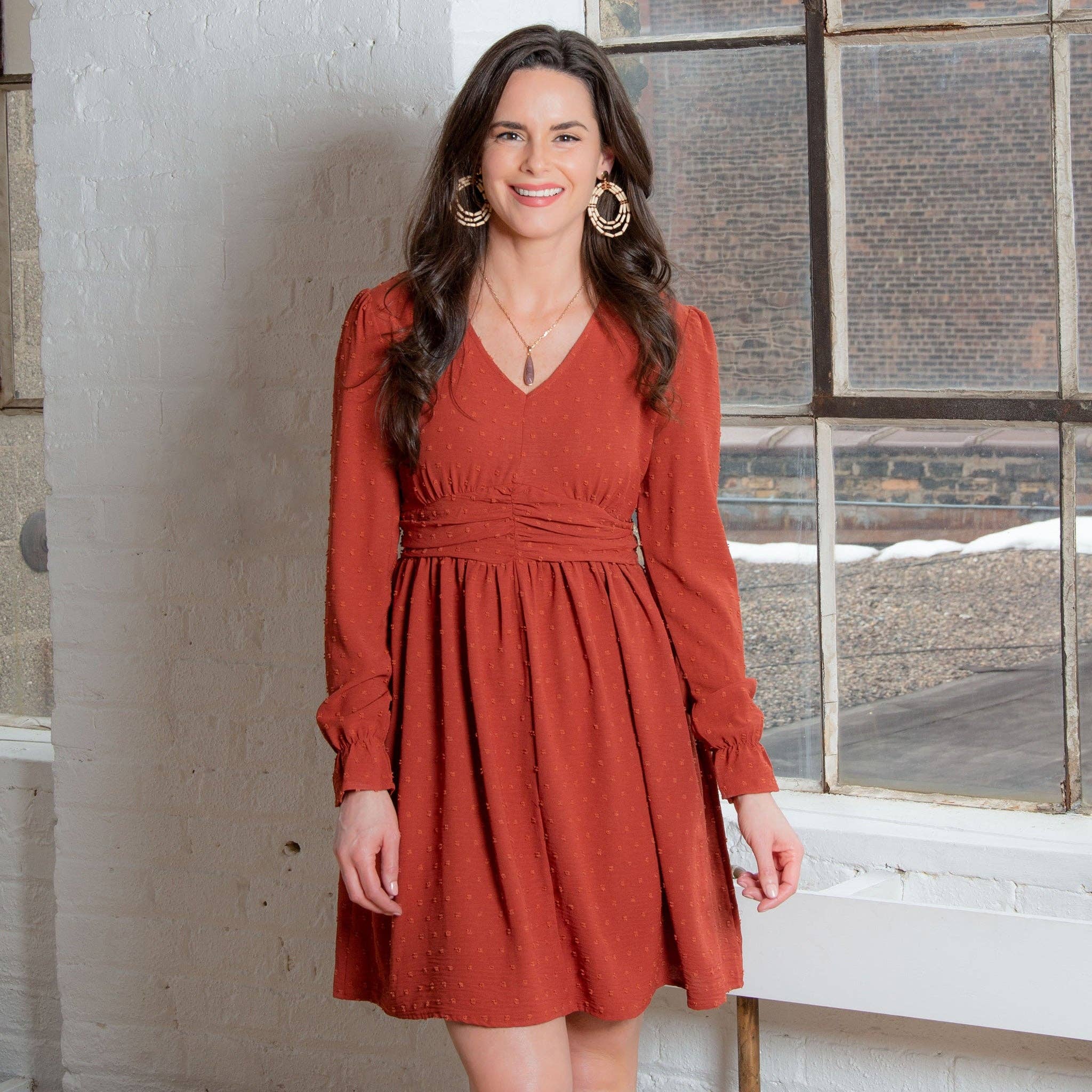 Howard's - Wholesale Dress - Women's - Hayden Swiss Dot Ruched V-Neck Dress0