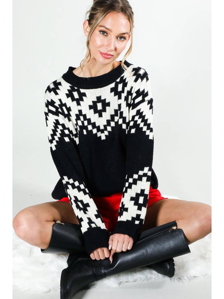 Vine & Love - Wholesale Knit Sweater - Women's - Crew Neck Aztec Patterned Knitted Sweater Top VT81548