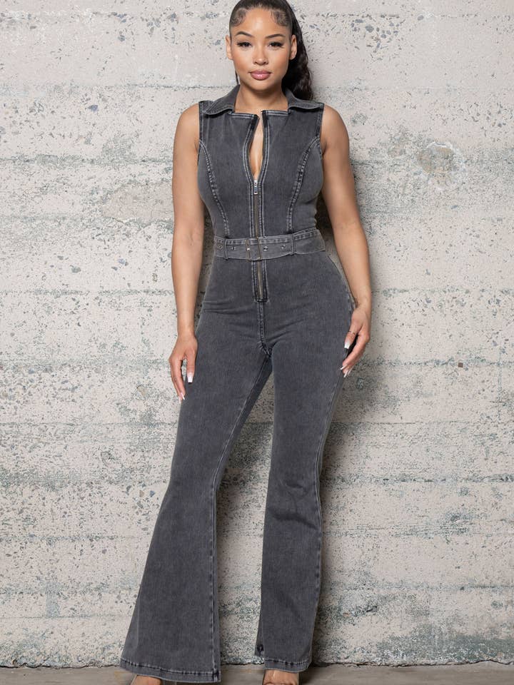 STRETCH DENIM BELLBOTTOM JUMPSUIT for wholesale by Melrose with Love