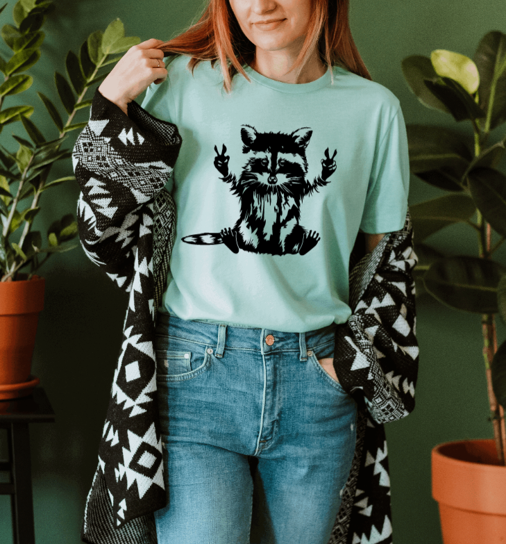 Tron Tron Graphic Wear – wholesale Screen printed t-shirt – Women′s – Peace Loving Raccoon Tee 3