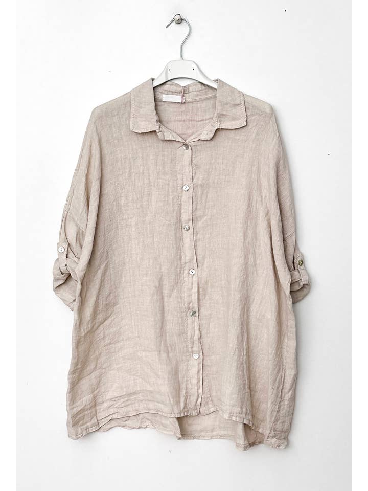 Happy look – Camisa com botões no colarinho – Mulher por atacado – Camisa folgada de linho com mangas dobráveis