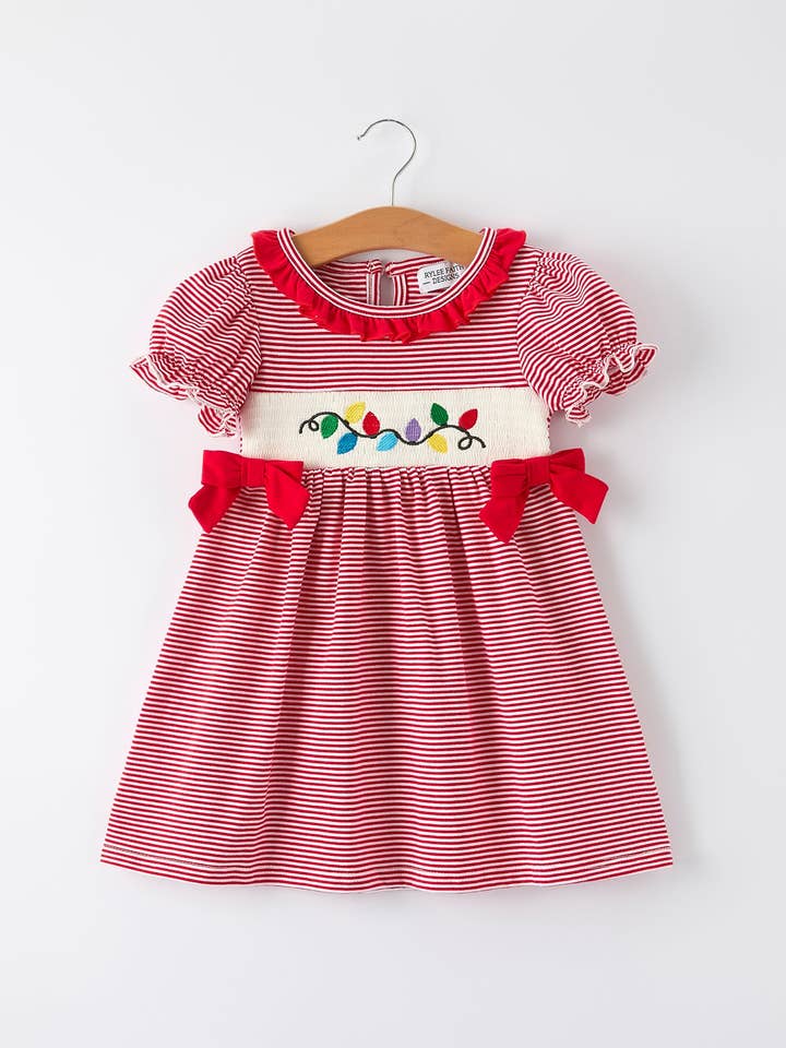 Holiday Girls Dress with Embroidered Christmas Lights and Red Bow Details for wholesale by Rylee Faith Designs