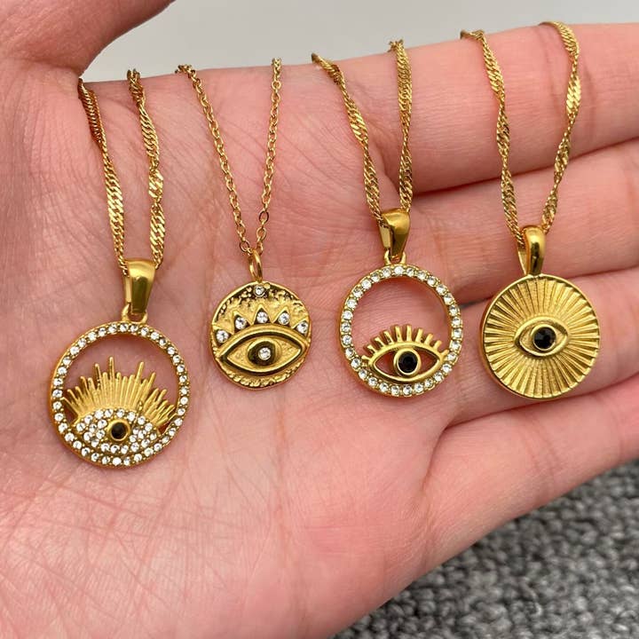 Mio Queena - Wholesale Pendant/Charm Necklace - Inlaid CZ Evil Eye Charm 18K Gold Plated S.Steel Necklace - FGS