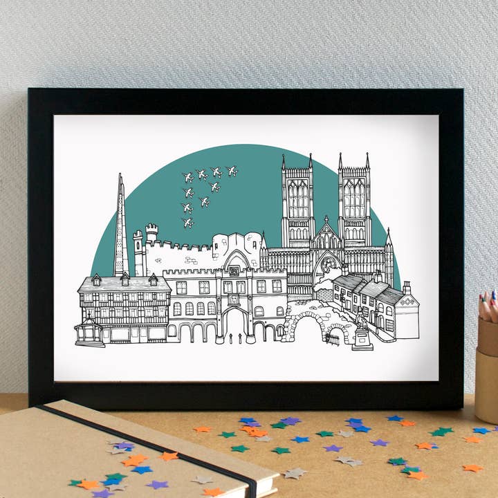 Lincoln Skyline Landmarks Art Print - unframed for wholesale by Becka Griffin Illustration