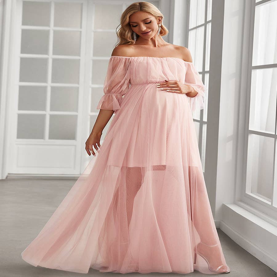 Maternity wear Pink mesh Off-The-Shoulder Maternity Dress for