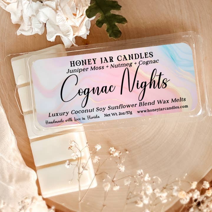 Honey Jar Creations - Wholesale Wax Melt - Cognac Nights | Palo Santo | 5-pc Snap Clamshell Wax Melts