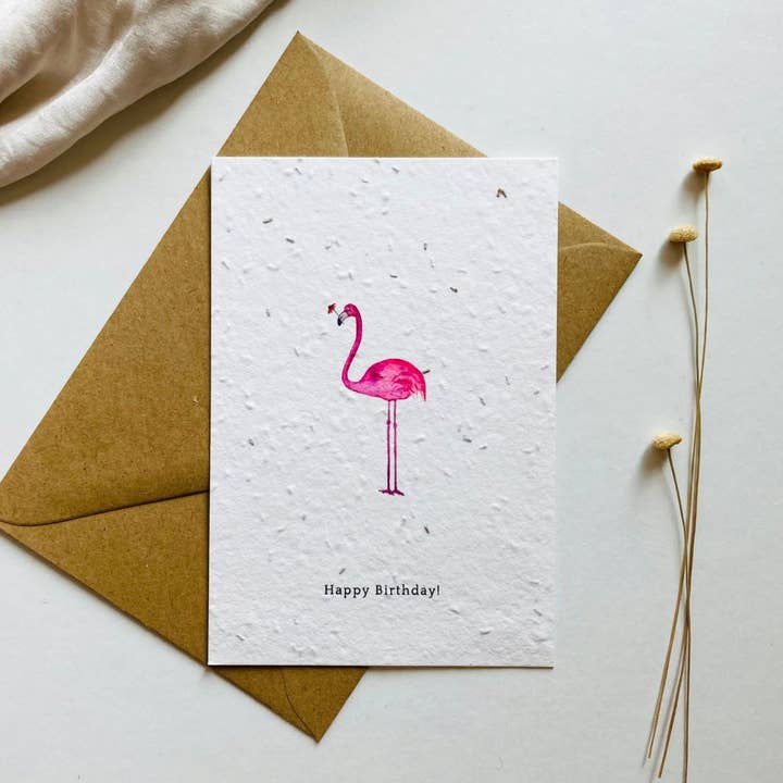 Einpflanzbare Geburtstagskarte | Samenkarte | Flamingo für den Großhandel von BlühWerk Papeterie OG