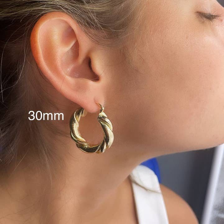18k GF Twisted Hoop Earrings: Matte & Plain Tube, 6mm Thick for wholesale by Milie