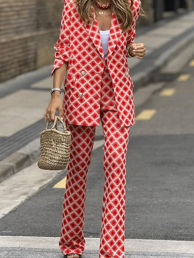 Red Rosy Print Long Sleeves Two Pieces Suit Set JRM091 for wholesale on Faire
