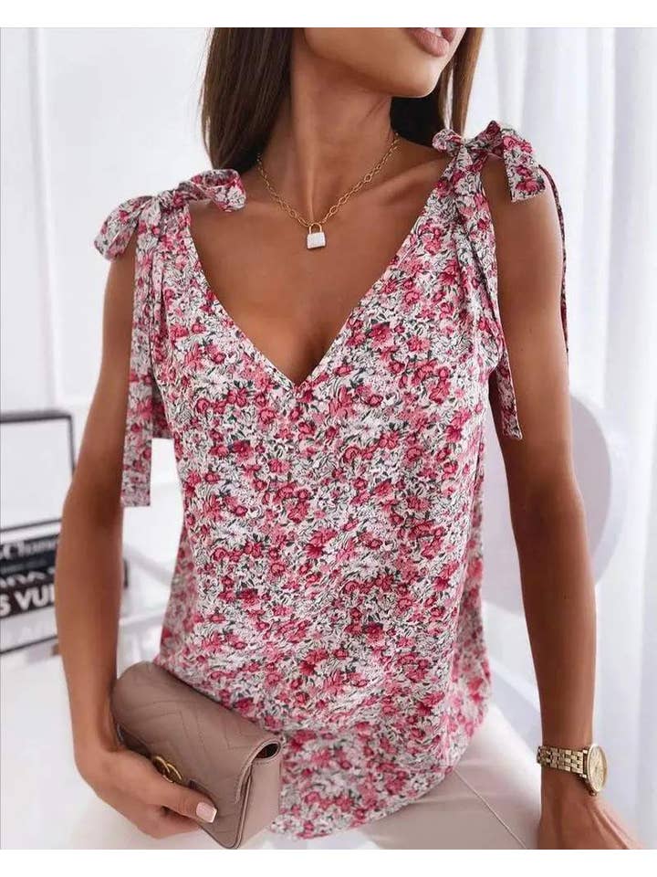 PINK floral print tied detail v neck tank top for wholesale on Faire