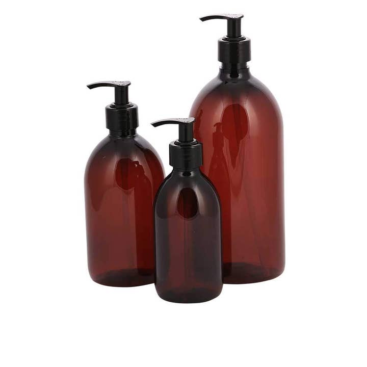 Pharmacy bottle with pump brown for wholesale by PLINT A/S