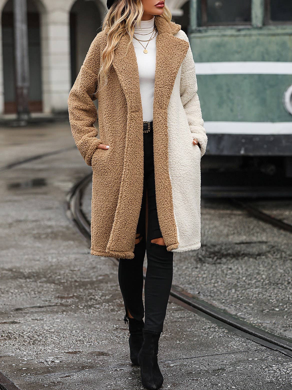 Camel Contrast faux fur teedy sherpa longline coat for wholesale on Faire1