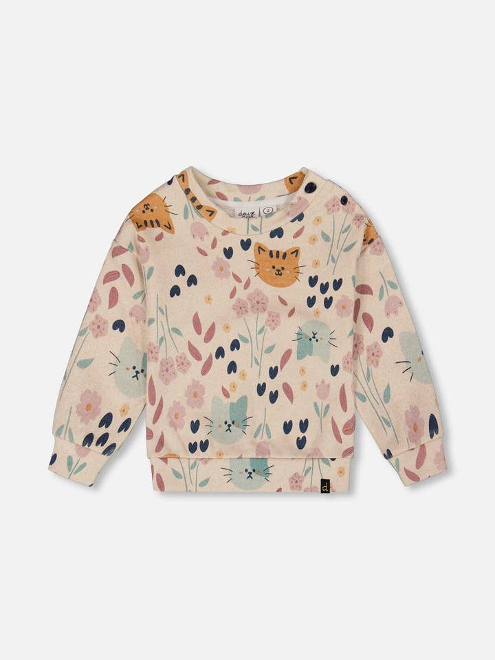 Glitzerndes French Terry Sweatshirt Beige Katzenmuster für den Großhandel von Deux par Deux