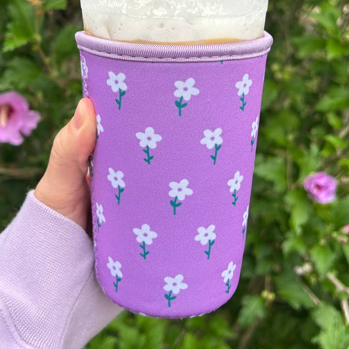 Purple and White Flower Field Iced Coffee Drink Sleeve for wholesale by Sun and Mind Co.