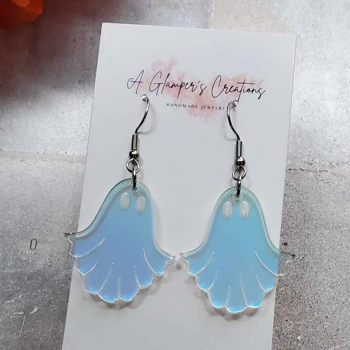 A Glamper's Creations LLC - Wholesale Dangle earrings - Ghost Earrings - Iridescent Acrylic Halloween Ghost Earrings0
